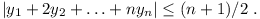 |y_1 + 2y_2 + ... + ny_n| <= (n+1)/2.